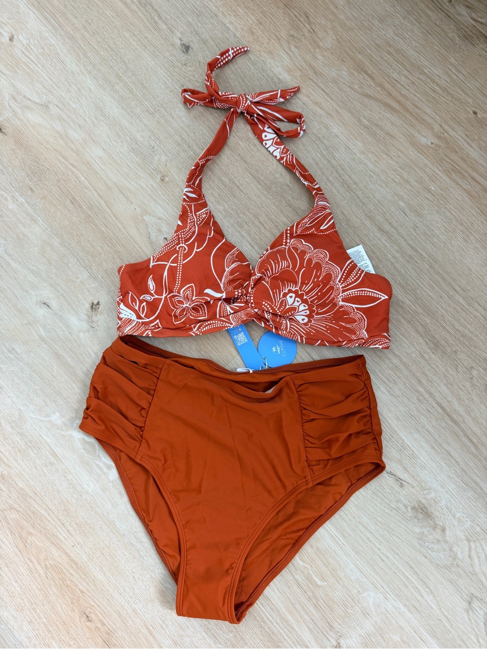 Cupshe Dark Orange Floral Halter Bikini Set - High Waist Tummy Control Medium - Picture 2 of 4